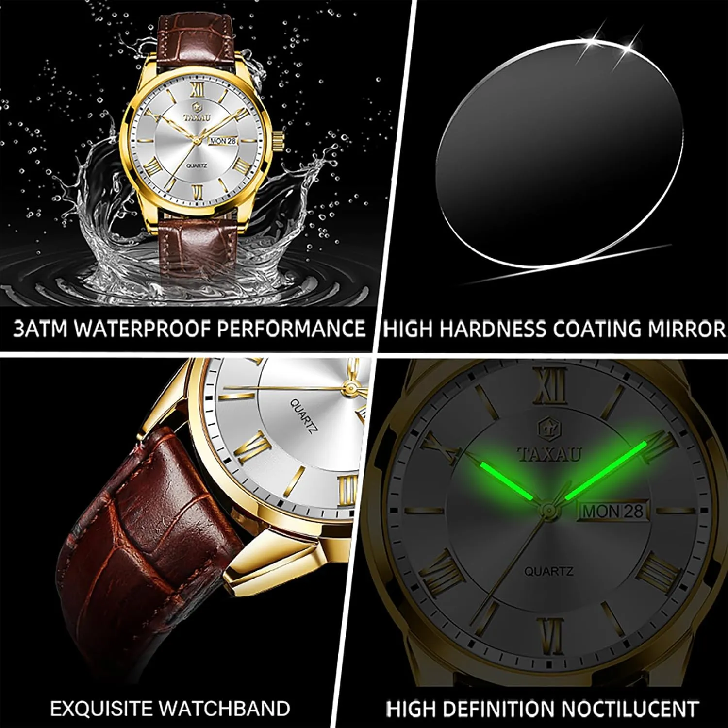 Mens Watches Waterproof Leather Watch for Men Dress Luxury Analog Quartz Watch Casual Large Number Wrist Watch Day Date Classic Watches Easy Read Big Face reloj para Hombre