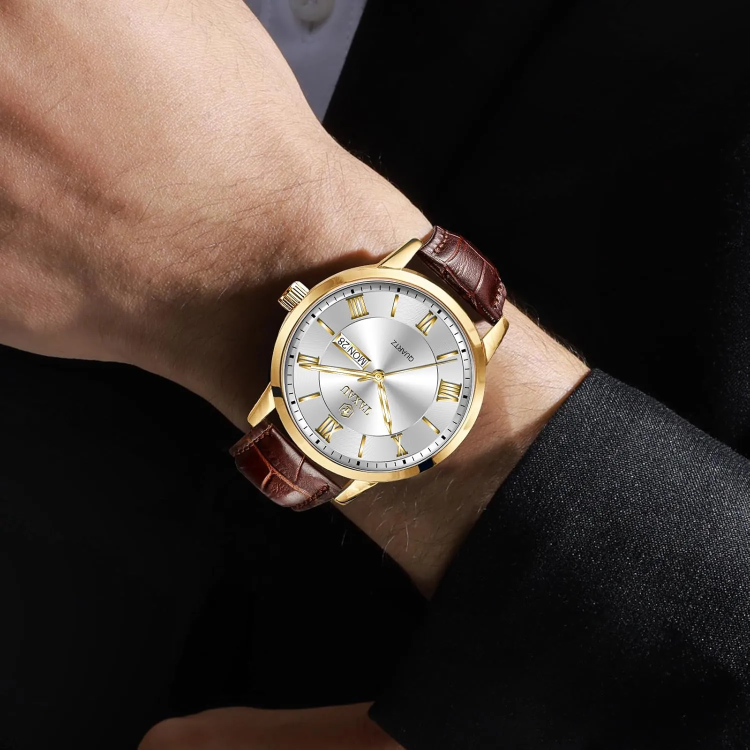Mens Watches Waterproof Leather Watch for Men Dress Luxury Analog Quartz Watch Casual Large Number Wrist Watch Day Date Classic Watches Easy Read Big Face reloj para Hombre