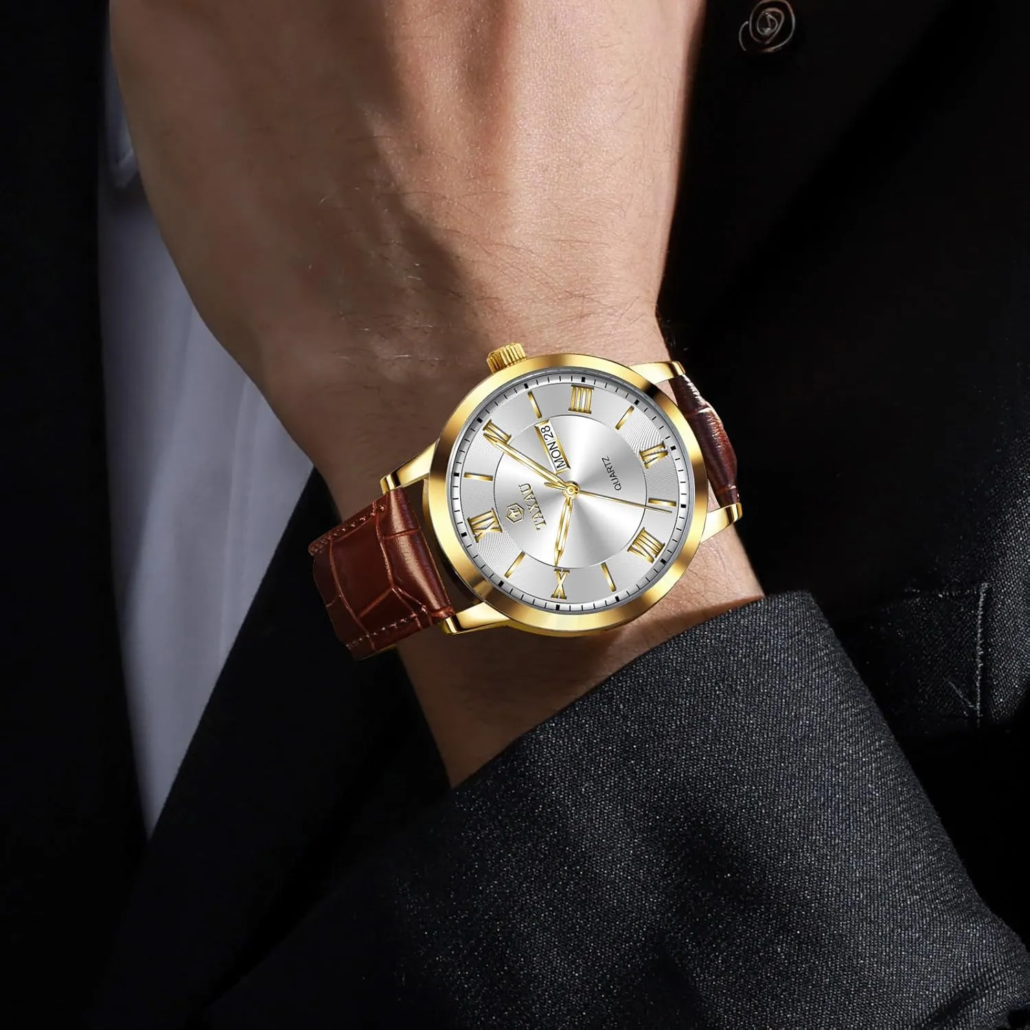 Mens Watches Waterproof Leather Watch for Men Dress Luxury Analog Quartz Watch Casual Large Number Wrist Watch Day Date Classic Watches Easy Read Big Face reloj para Hombre