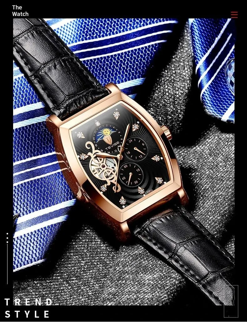Men's Wine Barrel Square Dial Fully Automatic Mechanical Watch with Hollow Out Design Waterproof Leather Luminous Men's Watch