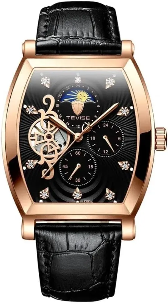 Men's Wine Barrel Square Dial Fully Automatic Mechanical Watch with Hollow Out Design Waterproof Leather Luminous Men's Watch