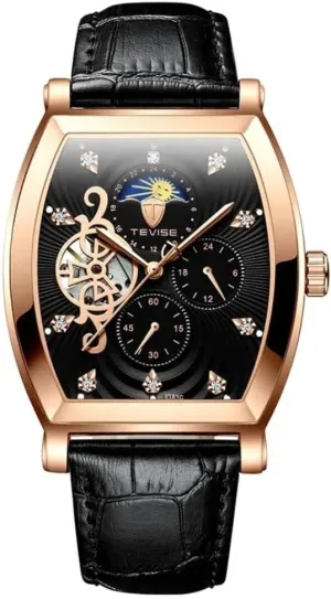 Men's Wine Barrel Square Dial Fully Automatic Mechanical Watch with Hollow Out Design Waterproof Leather Luminous Men's Watch