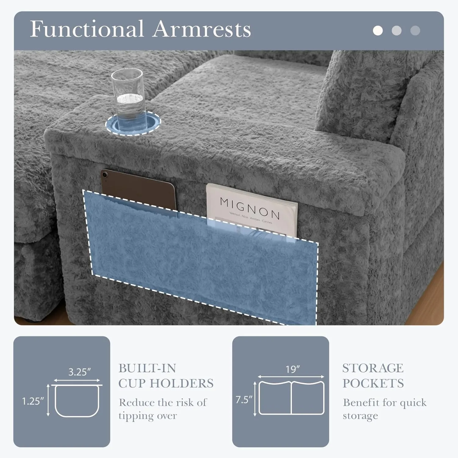Merax Oversized Sleeper Chair with Storage Armrest & Ottoman, Cup Holders, Faux Rabbit Fur Upholstered Chaise Lounge Recliner, Deep Seat Reading Couch Sofa Bed for Living Room Bedroom, Dark Grey