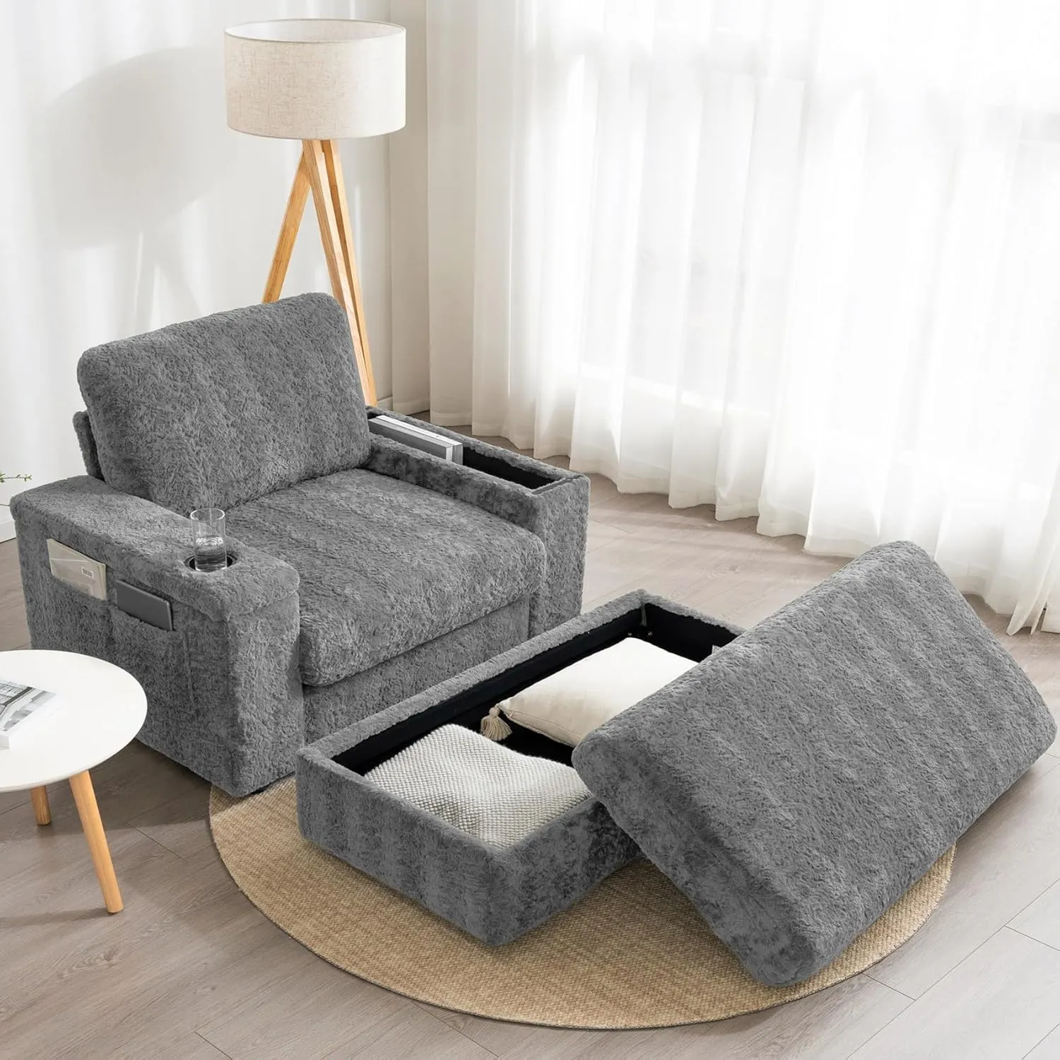Merax Oversized Sleeper Chair with Storage Armrest & Ottoman, Cup Holders, Faux Rabbit Fur Upholstered Chaise Lounge Recliner, Deep Seat Reading Couch Sofa Bed for Living Room Bedroom, Dark Grey