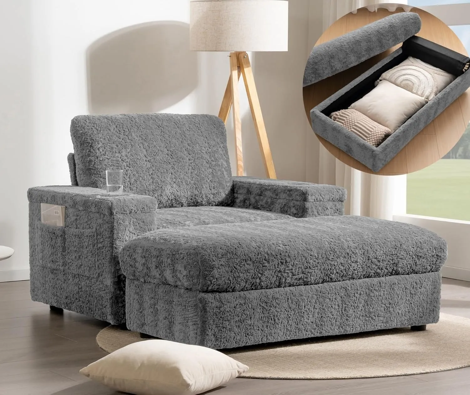 Merax Oversized Sleeper Chair with Storage Armrest & Ottoman, Cup Holders, Faux Rabbit Fur Upholstered Chaise Lounge Recliner, Deep Seat Reading Couch Sofa Bed for Living Room Bedroom, Dark Grey