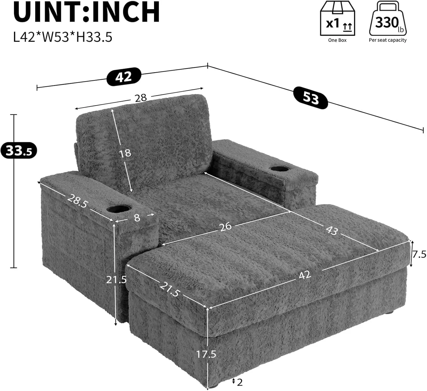 Merax Oversized Sleeper Chair with Storage Armrest & Ottoman, Cup Holders, Faux Rabbit Fur Upholstered Chaise Lounge Recliner, Deep Seat Reading Couch Sofa Bed for Living Room Bedroom, Dark Grey