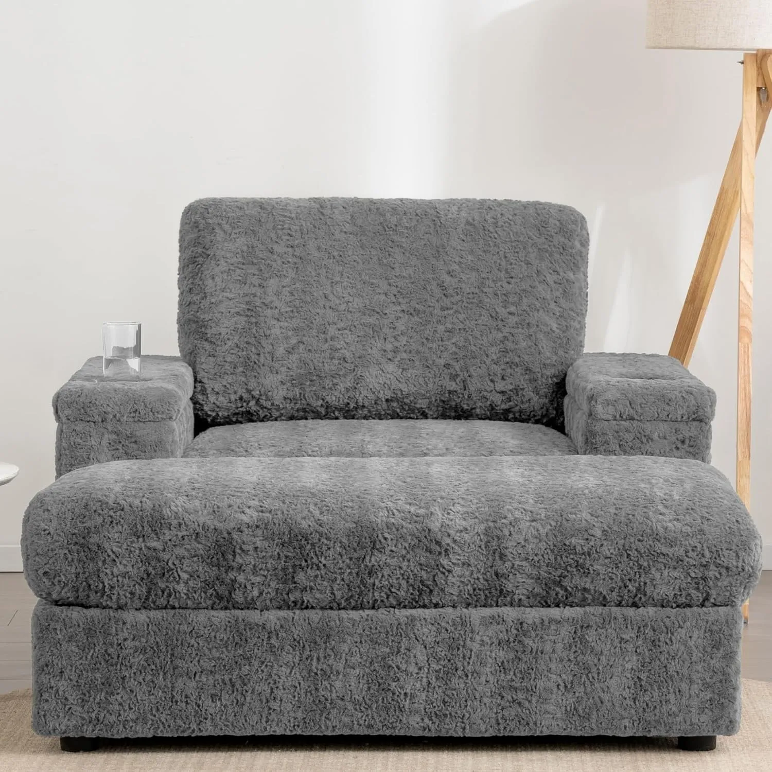 Merax Oversized Sleeper Chair with Storage Armrest & Ottoman, Cup Holders, Faux Rabbit Fur Upholstered Chaise Lounge Recliner, Deep Seat Reading Couch Sofa Bed for Living Room Bedroom, Dark Grey