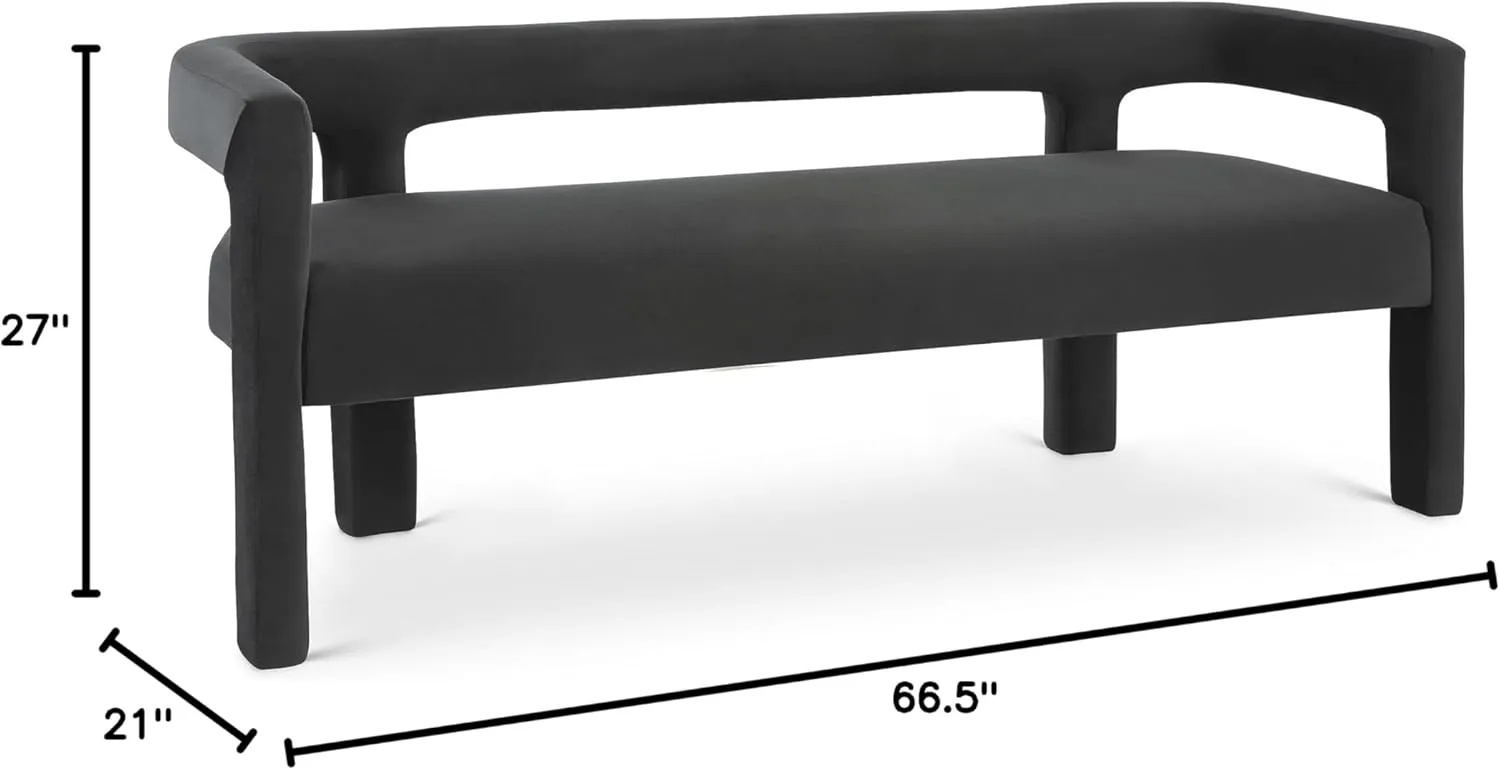 Meridian Furniture 892Black Athena Collection Modern | Contemporary Velvet Upholstered Bench with Soft Black Velvet, 66.5" W x 21" D x 27" H, Black