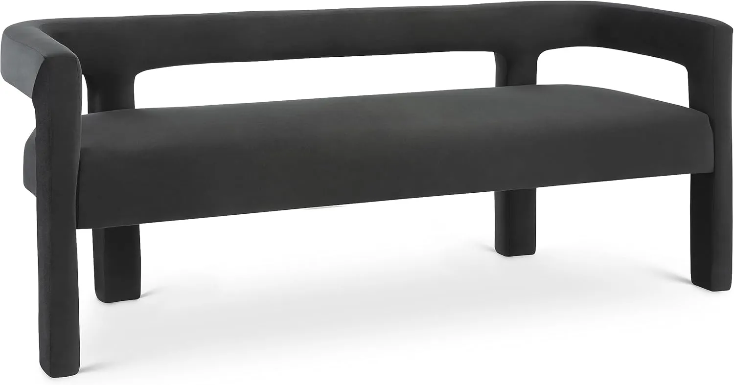 Meridian Furniture 892Black Athena Collection Modern | Contemporary Velvet Upholstered Bench with Soft Black Velvet, 66.5" W x 21" D x 27" H, Black