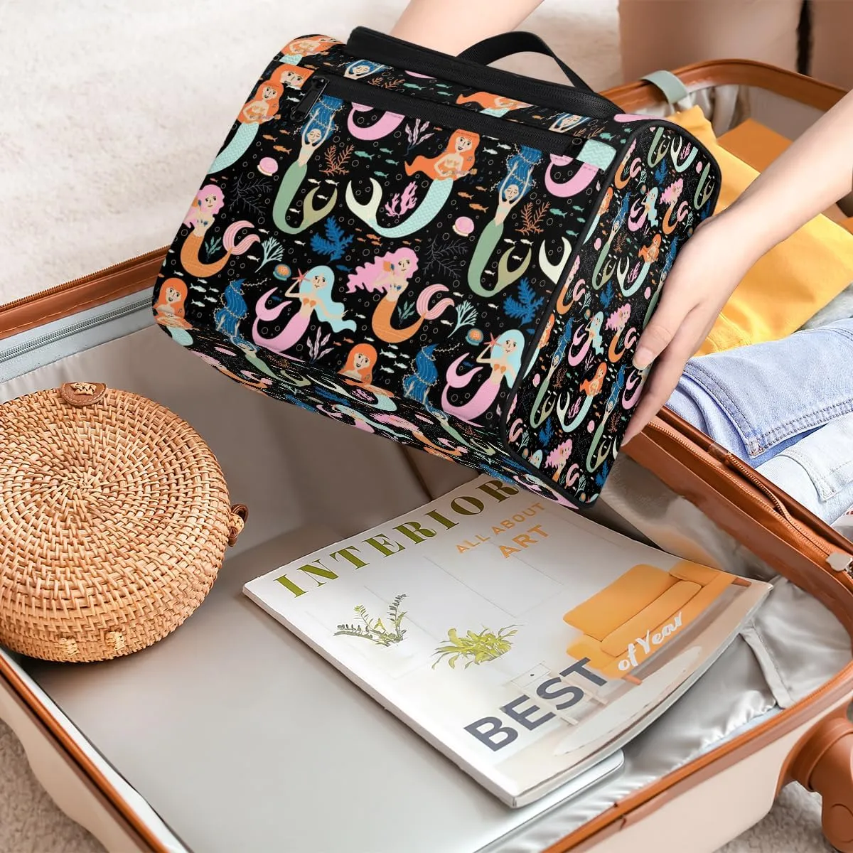 Mermaid Large Travel Toiletry Bag for Women, Travel Organizer for Toiletries, Waterproof Makeup Cosmetic Bag with Handle