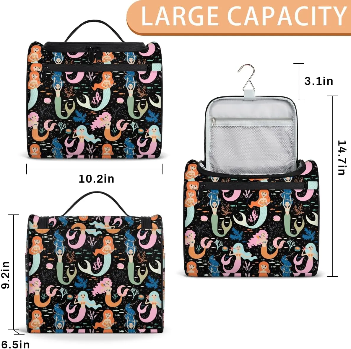 Mermaid Large Travel Toiletry Bag for Women, Travel Organizer for Toiletries, Waterproof Makeup Cosmetic Bag with Handle