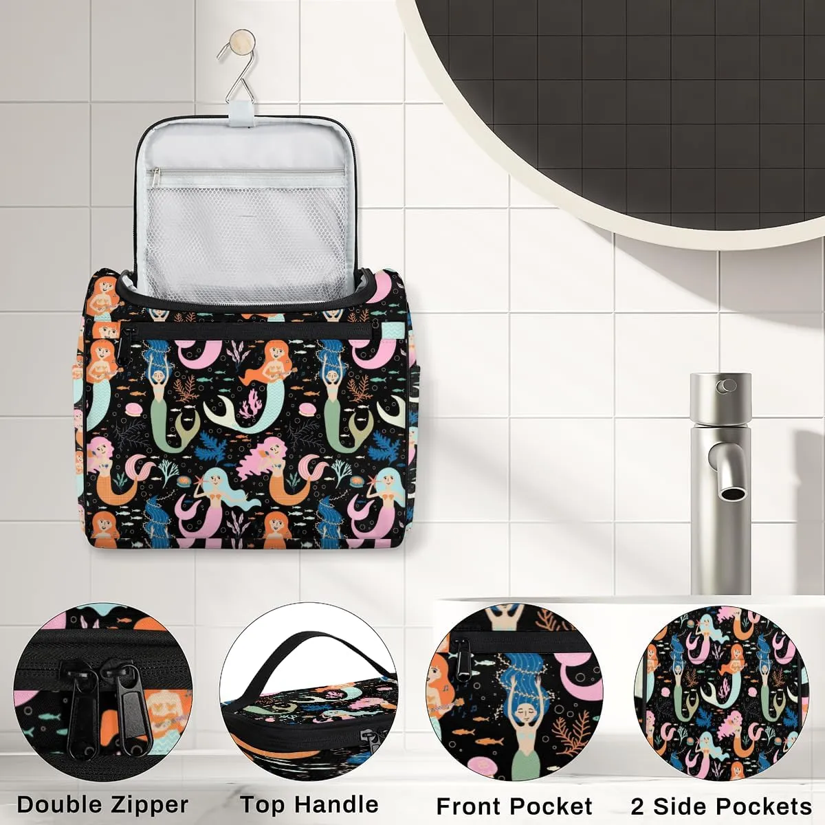 Mermaid Large Travel Toiletry Bag for Women, Travel Organizer for Toiletries, Waterproof Makeup Cosmetic Bag with Handle