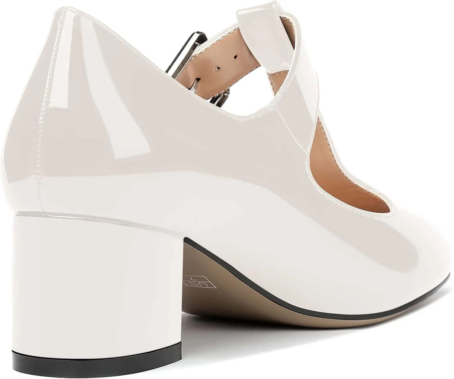 MERRORI Women's Buckle Round Toe T Strap Block Solid Patent Block Low Heel Pumps Shoes 2 Inch