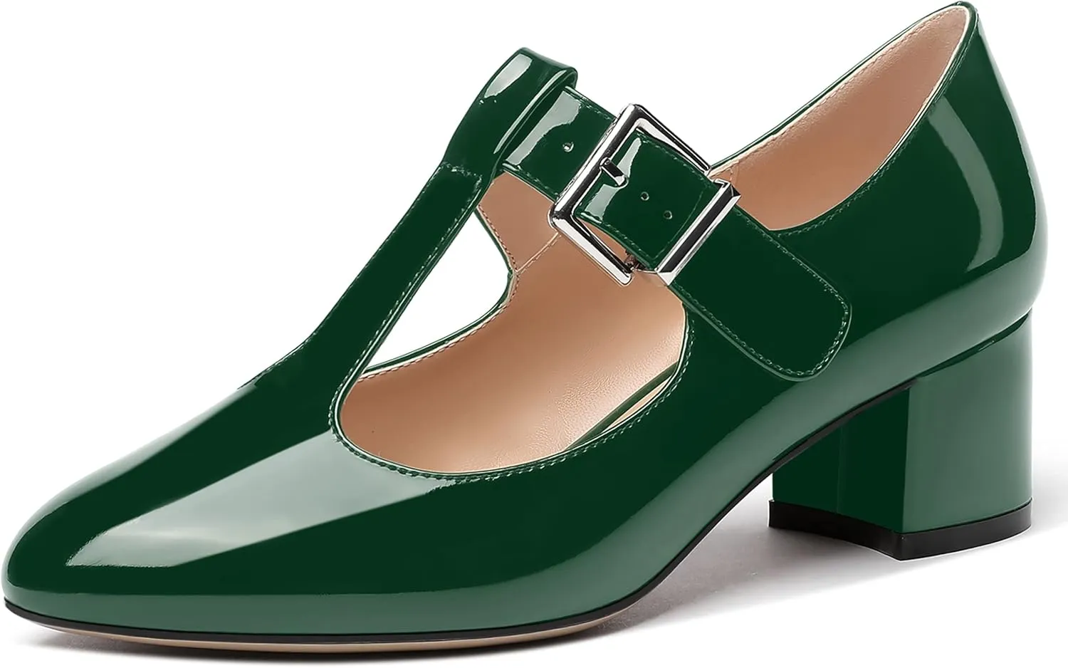 MERRORI Women's Buckle Round Toe T Strap Block Solid Patent Block Low Heel Pumps Shoes 2 Inch