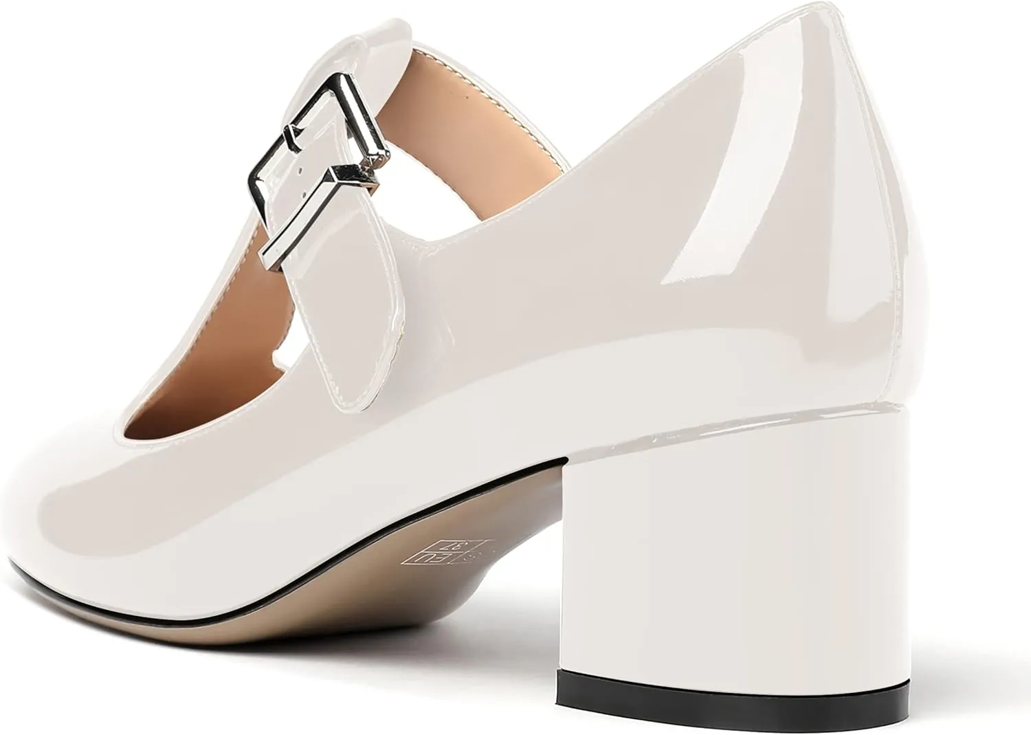 MERRORI Women's Buckle Round Toe T Strap Block Solid Patent Block Low Heel Pumps Shoes 2 Inch
