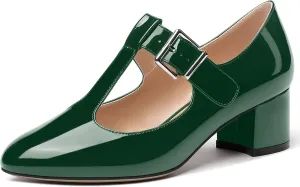MERRORI Women's Buckle Round Toe T Strap Block Solid Patent Block Low Heel Pumps Shoes 2 Inch