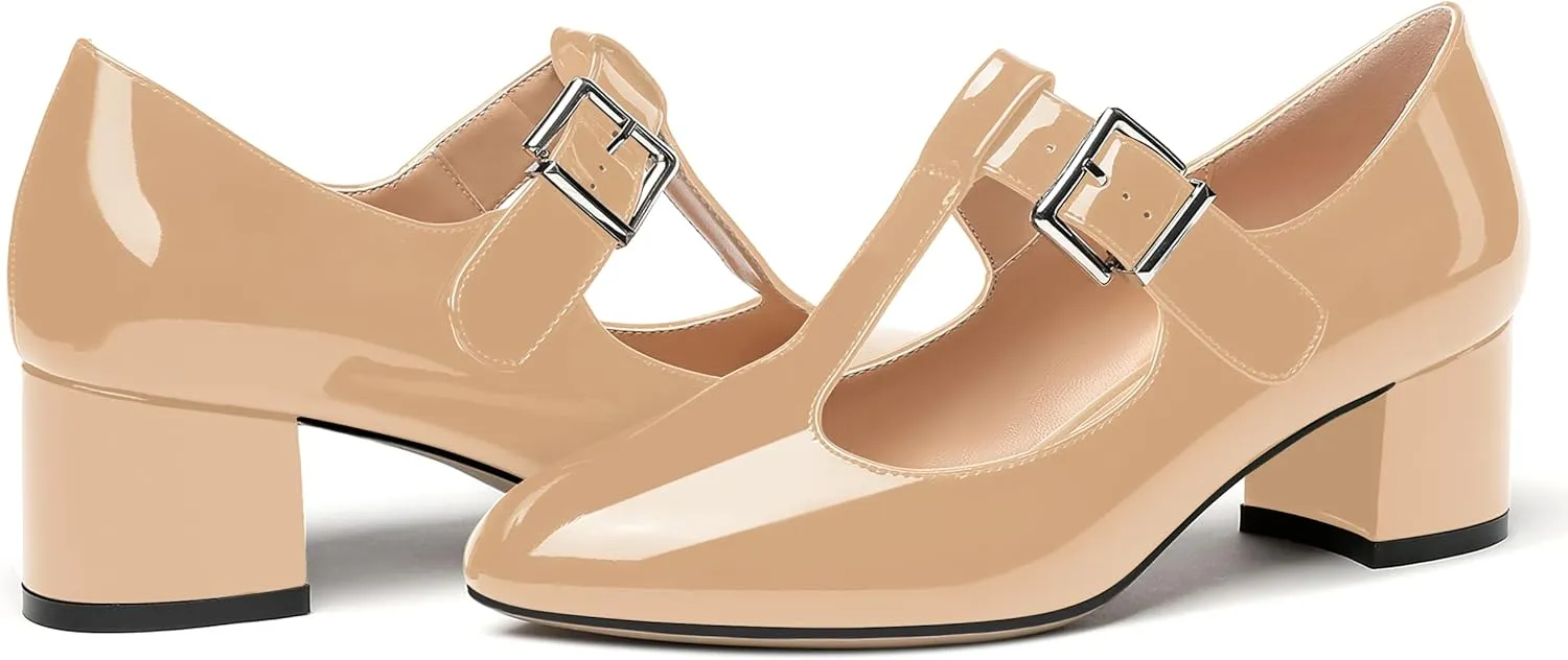 MERRORI Women's Buckle Round Toe T Strap Block Solid Patent Block Low Heel Pumps Shoes 2 Inch