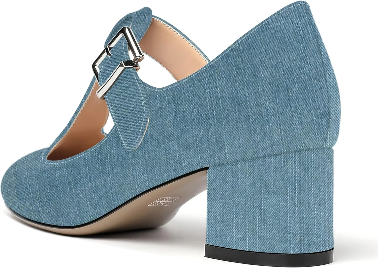 MERRORI Women's Buckle Round Toe T Strap Block Solid Patent Block Low Heel Pumps Shoes 2 Inch