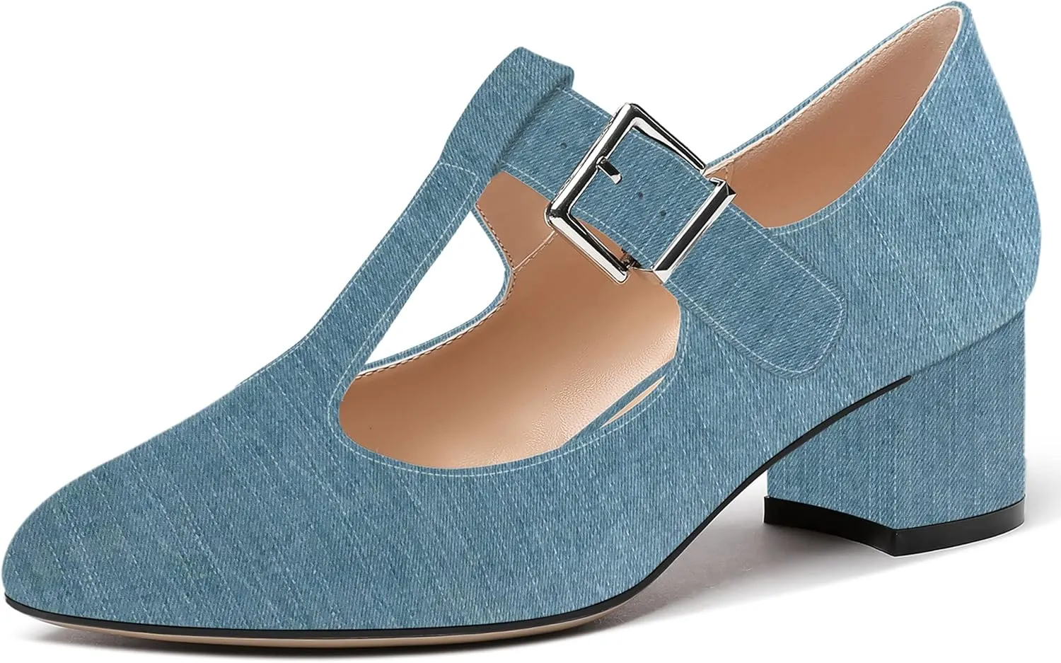 MERRORI Women's Buckle Round Toe T Strap Block Solid Patent Block Low Heel Pumps Shoes 2 Inch
