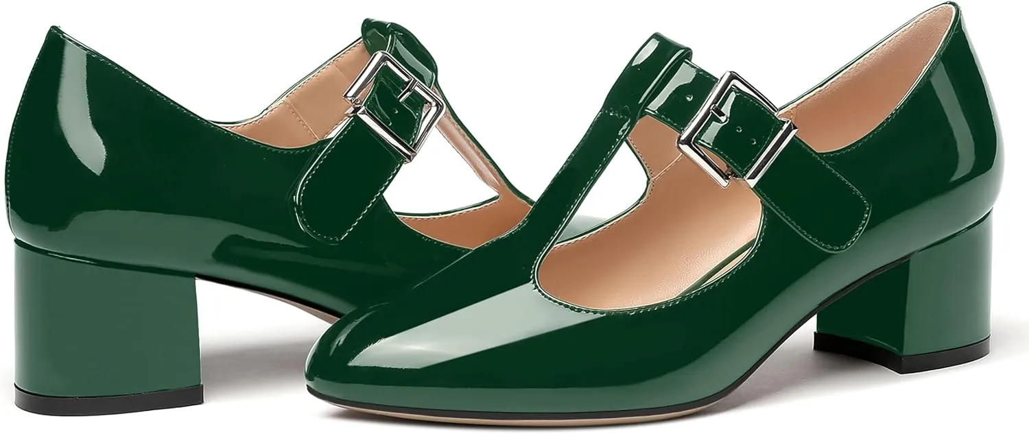 MERRORI Women's Buckle Round Toe T Strap Block Solid Patent Block Low Heel Pumps Shoes 2 Inch