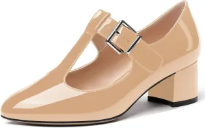 MERRORI Women's Buckle Round Toe T Strap Block Solid Patent Block Low Heel Pumps Shoes 2 Inch