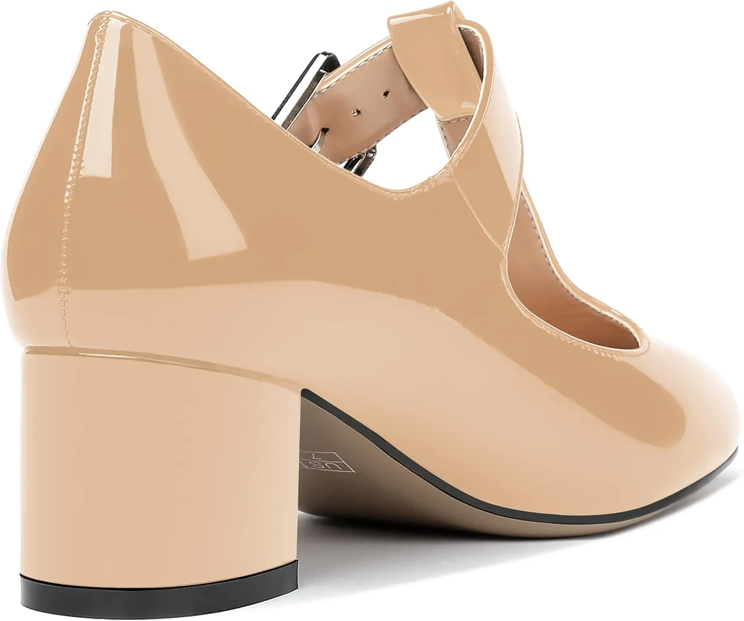 MERRORI Women's Buckle Round Toe T Strap Block Solid Patent Block Low Heel Pumps Shoes 2 Inch