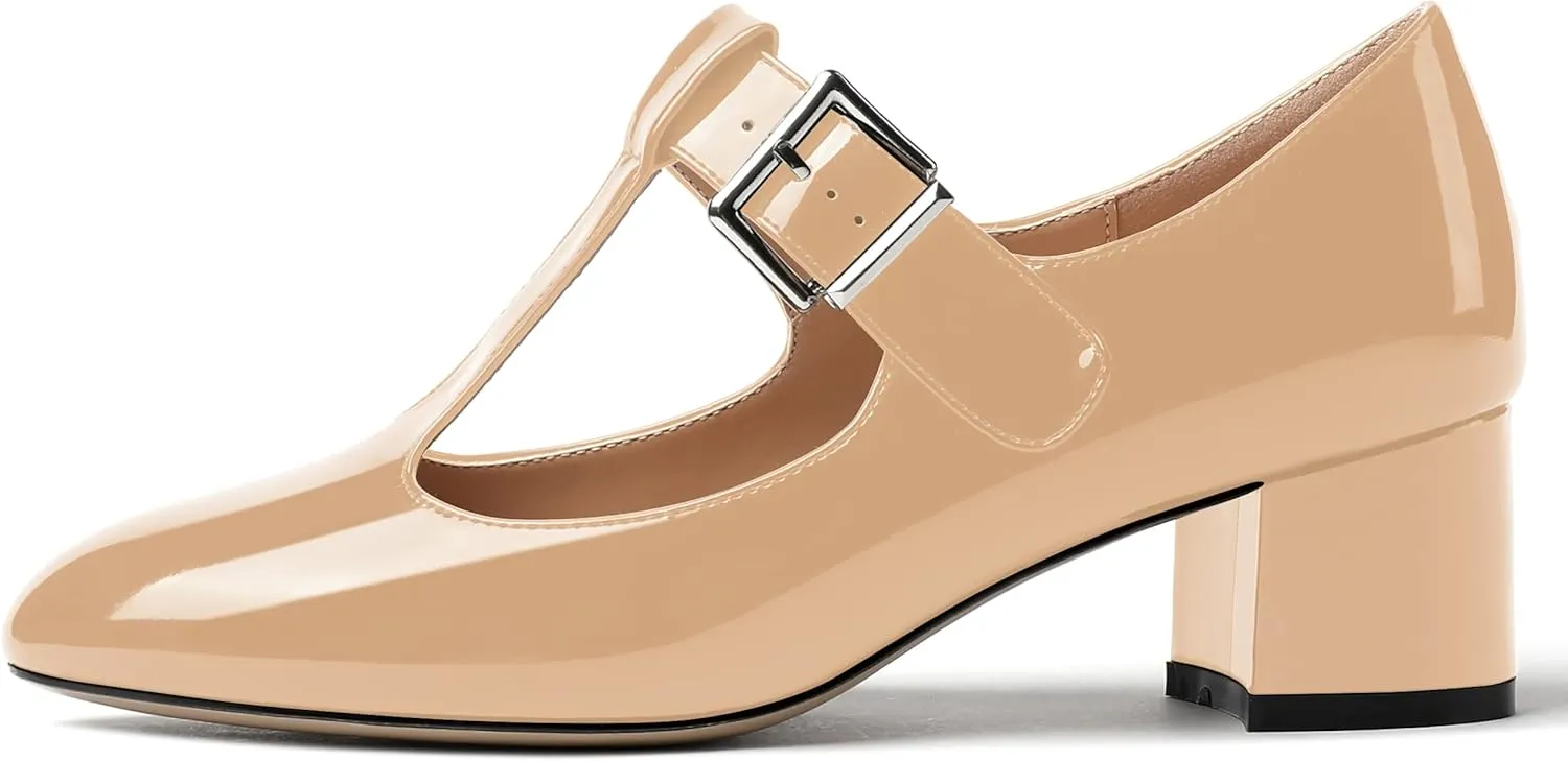MERRORI Women's Buckle Round Toe T Strap Block Solid Patent Block Low Heel Pumps Shoes 2 Inch