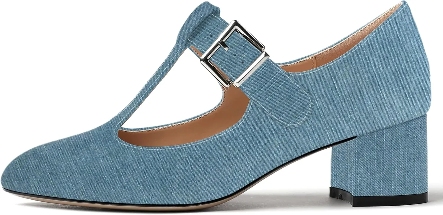 MERRORI Women's Buckle Round Toe T Strap Block Solid Patent Block Low Heel Pumps Shoes 2 Inch
