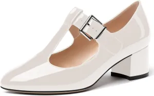 MERRORI Women's Buckle Round Toe T Strap Block Solid Patent Block Low Heel Pumps Shoes 2 Inch