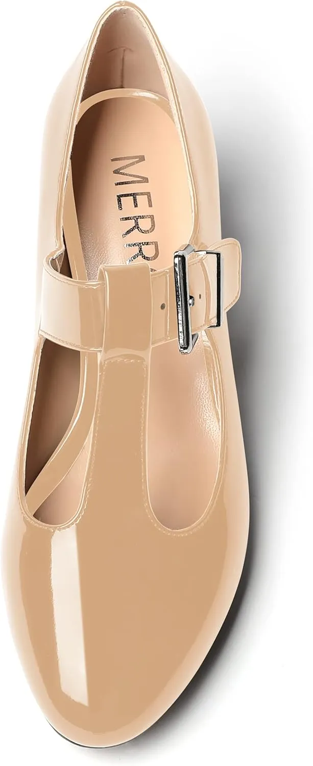 MERRORI Women's Buckle Round Toe T Strap Block Solid Patent Block Low Heel Pumps Shoes 2 Inch