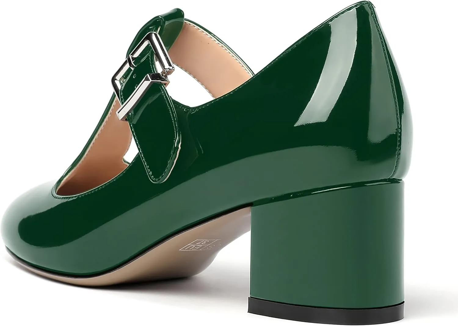 MERRORI Women's Buckle Round Toe T Strap Block Solid Patent Block Low Heel Pumps Shoes 2 Inch
