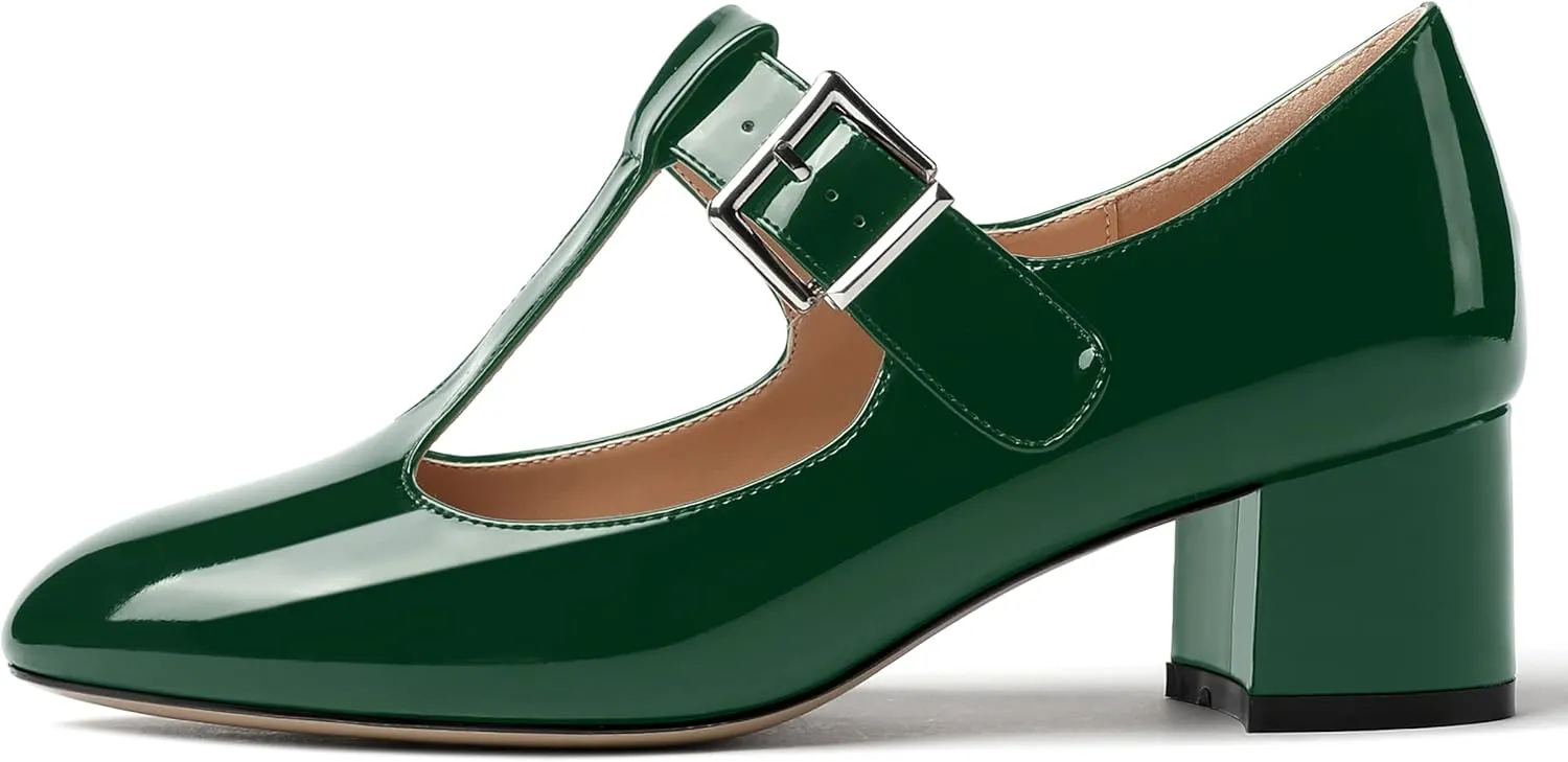 MERRORI Women's Buckle Round Toe T Strap Block Solid Patent Block Low Heel Pumps Shoes 2 Inch