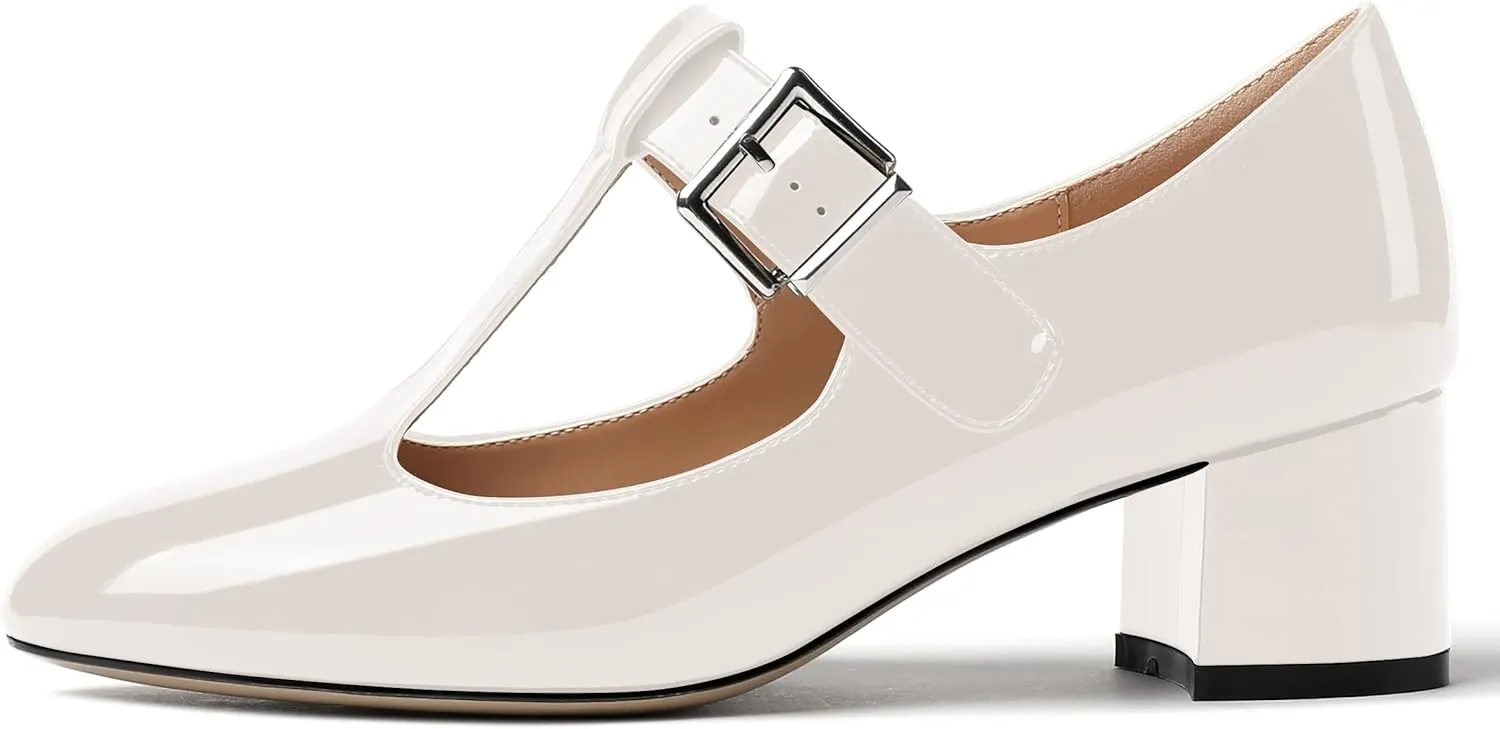 MERRORI Women's Buckle Round Toe T Strap Block Solid Patent Block Low Heel Pumps Shoes 2 Inch