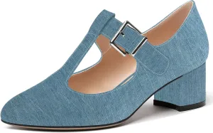 MERRORI Women's Buckle Round Toe T Strap Block Solid Patent Block Low Heel Pumps Shoes 2 Inch