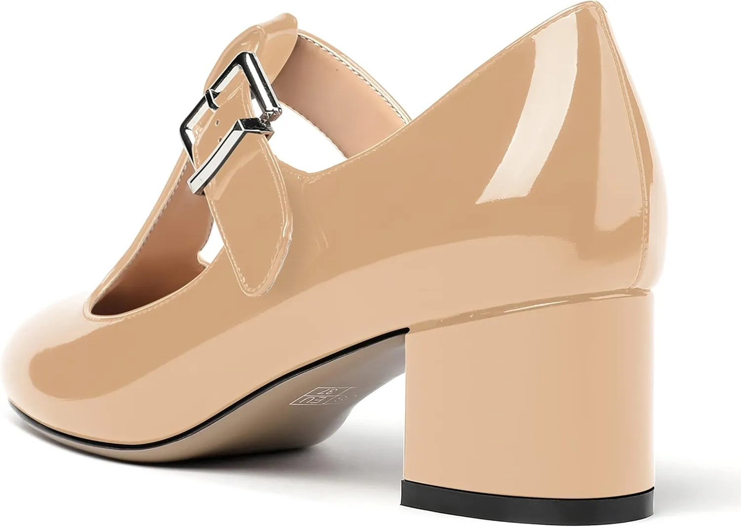 MERRORI Women's Buckle Round Toe T Strap Block Solid Patent Block Low Heel Pumps Shoes 2 Inch