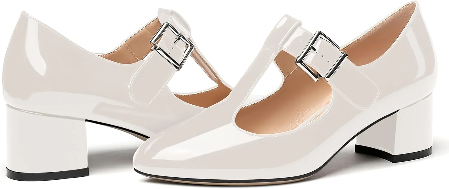 MERRORI Women's Buckle Round Toe T Strap Block Solid Patent Block Low Heel Pumps Shoes 2 Inch