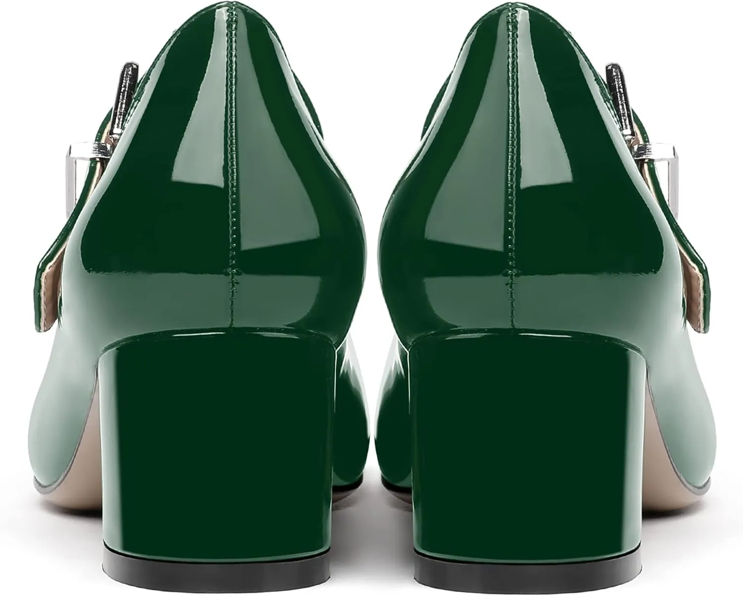 MERRORI Women's Buckle Round Toe T Strap Block Solid Patent Block Low Heel Pumps Shoes 2 Inch