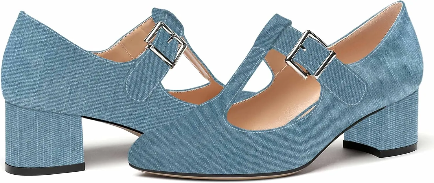 MERRORI Women's Buckle Round Toe T Strap Block Solid Patent Block Low Heel Pumps Shoes 2 Inch
