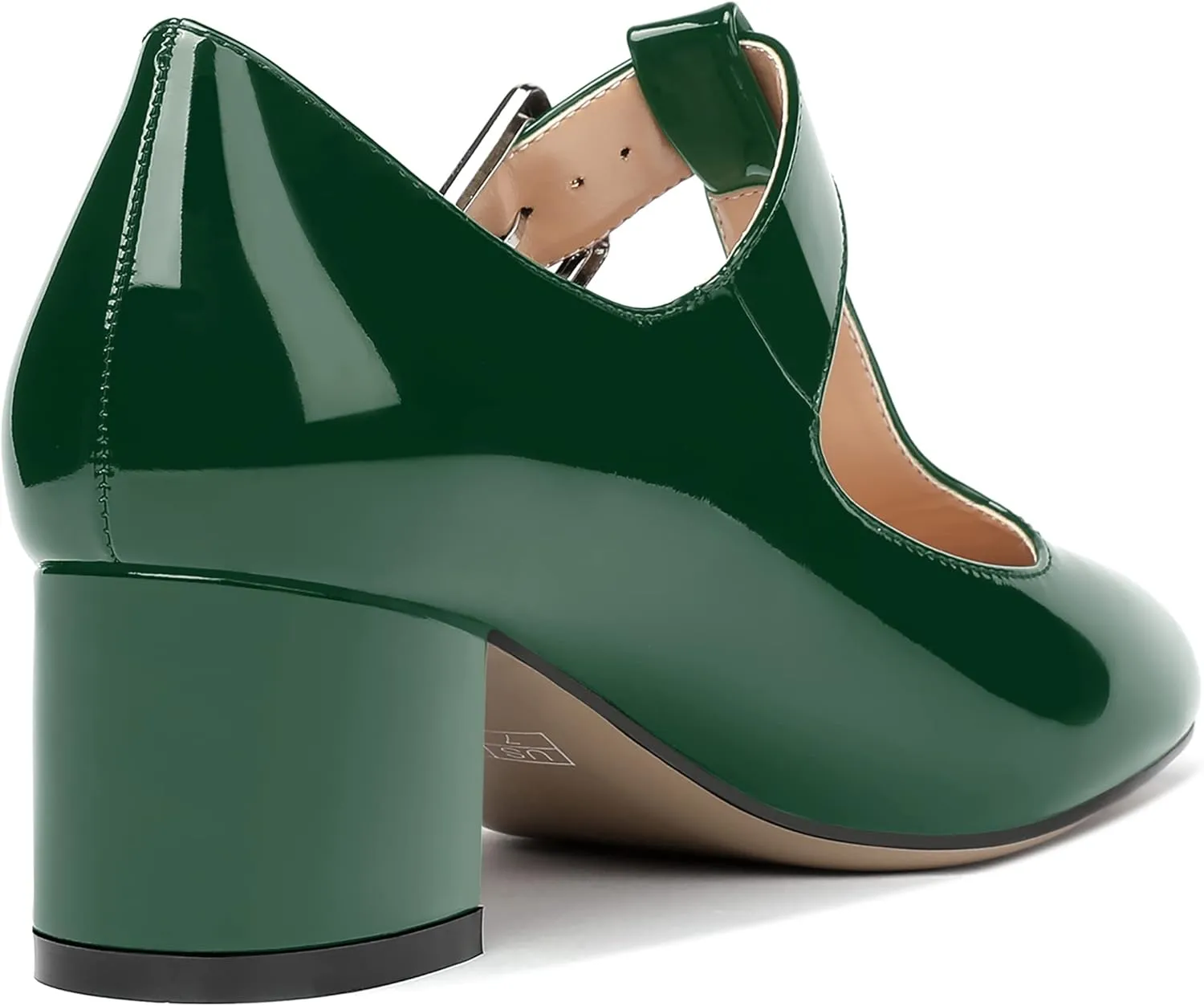 MERRORI Women's Buckle Round Toe T Strap Block Solid Patent Block Low Heel Pumps Shoes 2 Inch