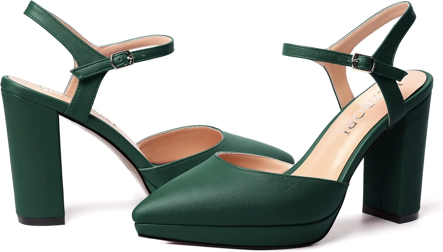 MERRORI Womens Evening Matte Sandals Dress Buckle Pointed Toe Ankle Strap Chunky High Heel Pumps Shoes 4 Inch