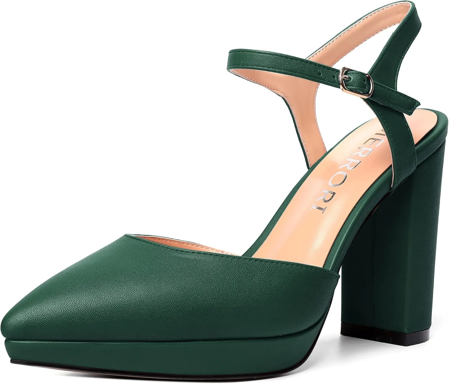 MERRORI Womens Evening Matte Sandals Dress Buckle Pointed Toe Ankle Strap Chunky High Heel Pumps Shoes 4 Inch