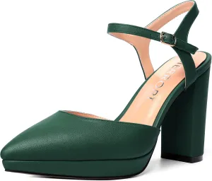 MERRORI Womens Evening Matte Sandals Dress Buckle Pointed Toe Ankle Strap Chunky High Heel Pumps Shoes 4 Inch