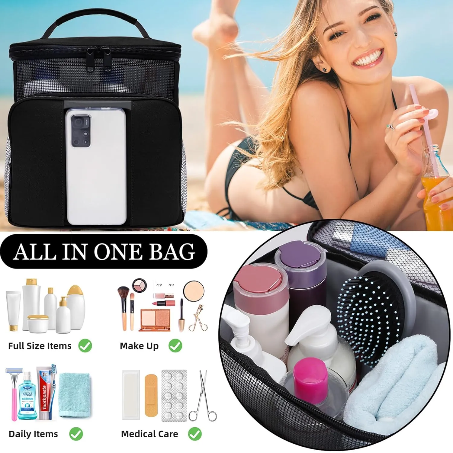 Mesh Shower Caddy,Portable HangingTravel Toiletry Bag Dorm Room Essentials for College Students Girls,Large Makeup Organizer for Full-Sized Toiletries,Travel Essentials for Women Girls Camping Beach