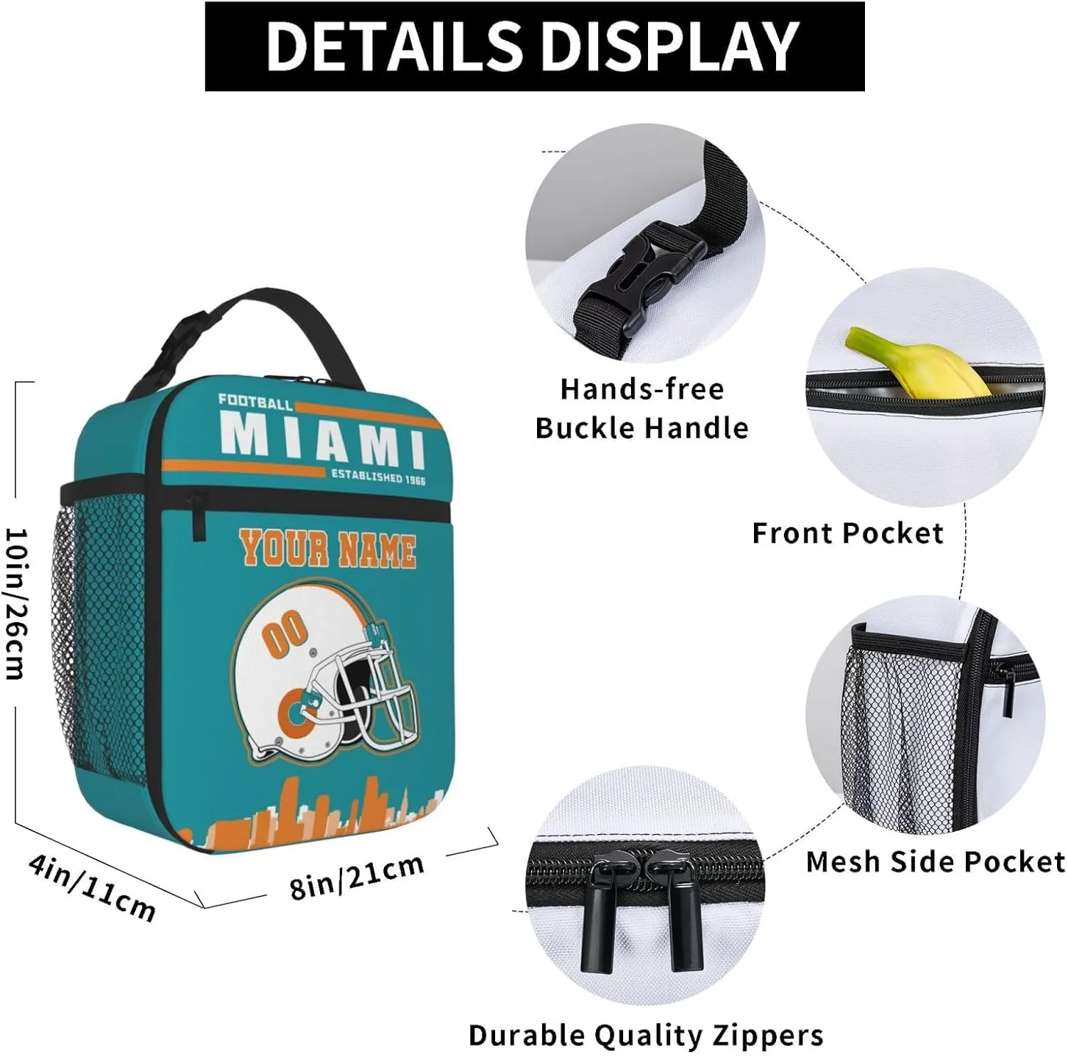 Miami Lunch Box Personalized Adjustable Insulated Lunch Bag Handbag Add Name Number Portable Tote Bag for Women Men