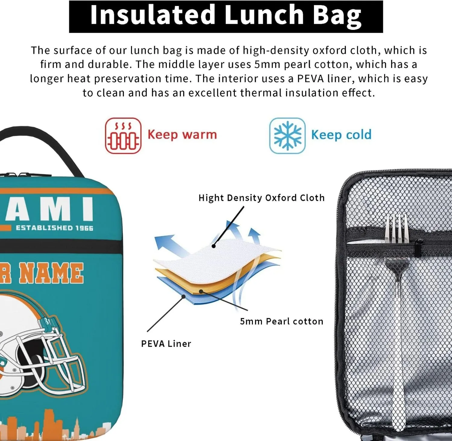 Miami Lunch Box Personalized Adjustable Insulated Lunch Bag Handbag Add Name Number Portable Tote Bag for Women Men
