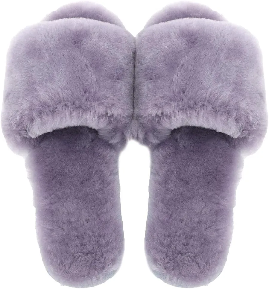 Millffy Women's Wool Fur Slippers Sheepskin Leather Slippers Shearling Fur Fluffy Fuzzy House Bedroom Shoes Slides