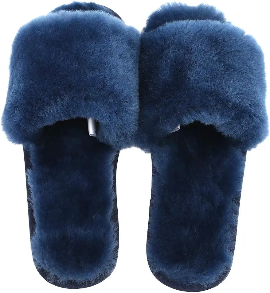 Millffy Women's Wool Fur Slippers Sheepskin Leather Slippers Shearling Fur Fluffy Fuzzy House Bedroom Shoes Slides