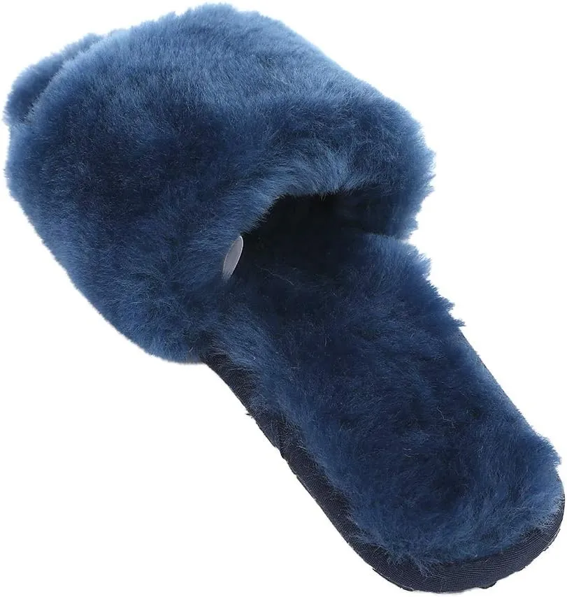 Millffy Women's Wool Fur Slippers Sheepskin Leather Slippers Shearling Fur Fluffy Fuzzy House Bedroom Shoes Slides
