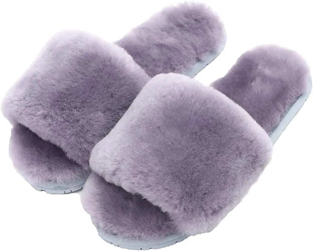 Millffy Women's Wool Fur Slippers Sheepskin Leather Slippers Shearling Fur Fluffy Fuzzy House Bedroom Shoes Slides