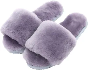 Millffy Women's Wool Fur Slippers Sheepskin Leather Slippers Shearling Fur Fluffy Fuzzy House Bedroom Shoes Slides